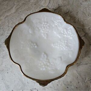 Vintage Anchor Hocking Milk Glass Bowl with Gold  Trim and Grapes Design